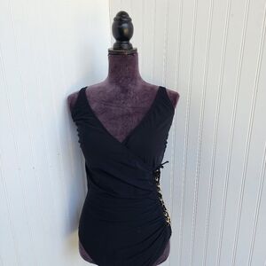 Gottex Women's One Piece Swimsuit Lace Up Side Detail Black V-Neck Rutched Sz 14